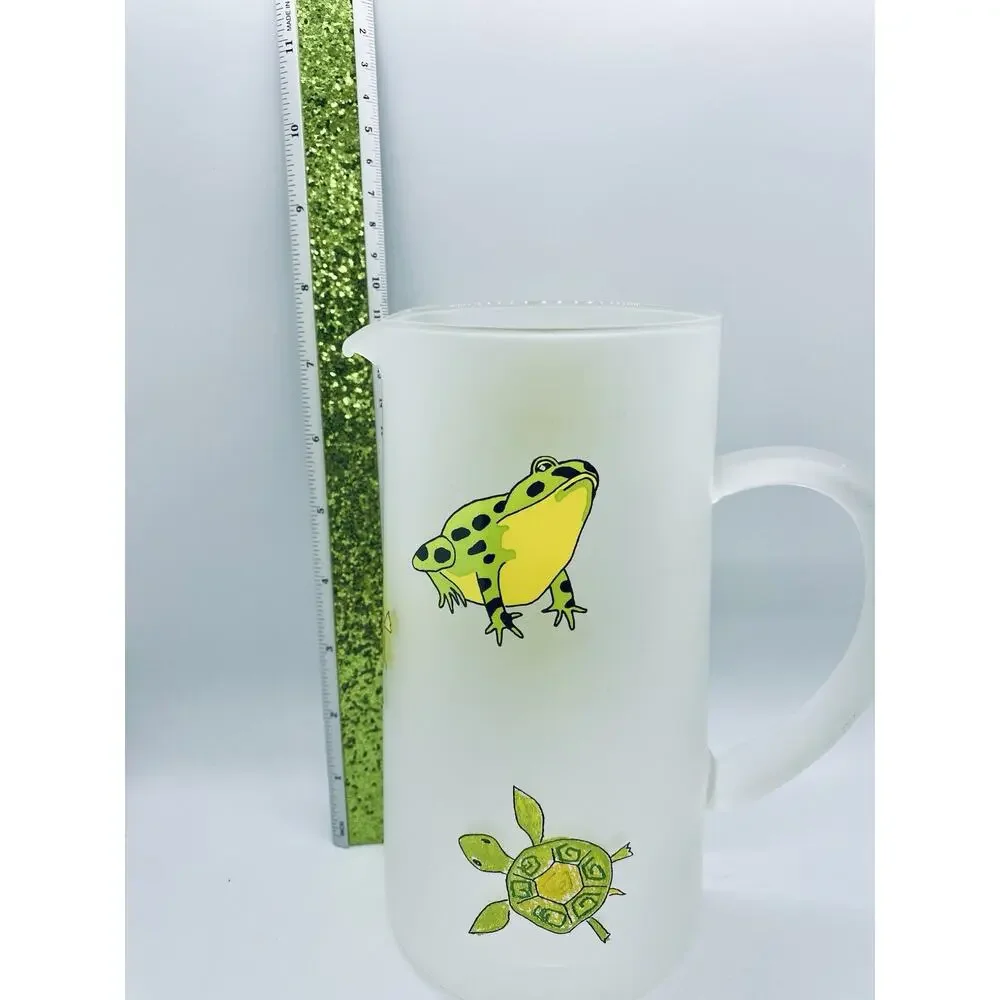 Darlington Designs Frosted Glass Jug Turtles Frogs Design Vintage MCM Feel